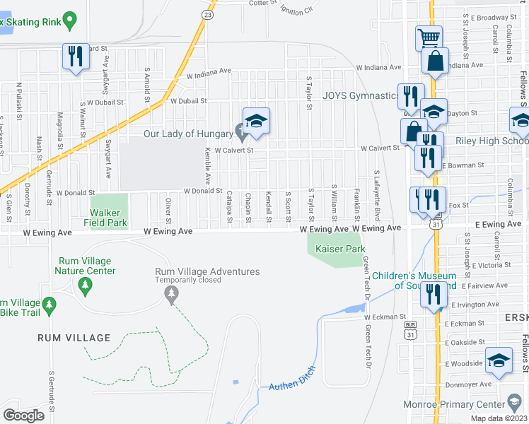 map of restaurants, bars, coffee shops, grocery stores, and more near 2203 Kendall Street in South Bend