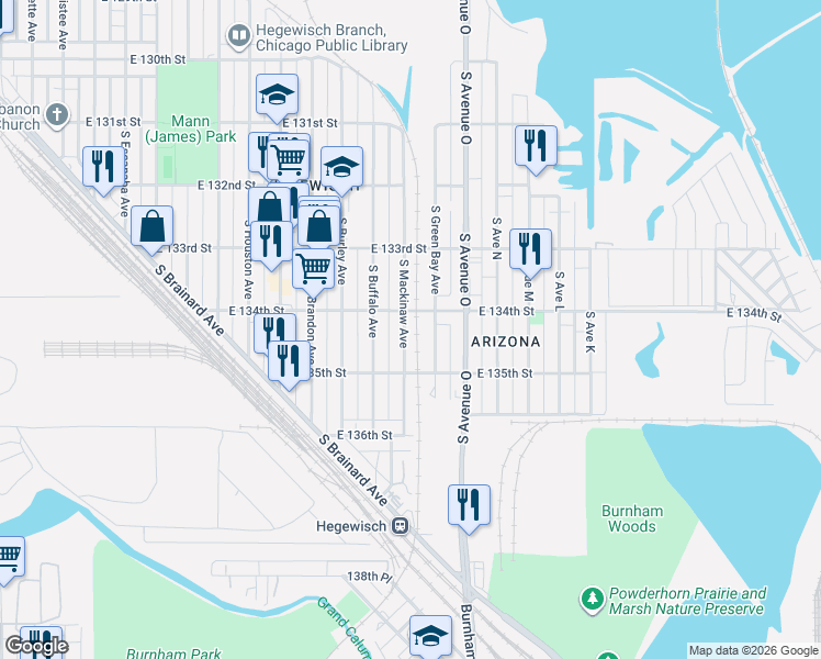map of restaurants, bars, coffee shops, grocery stores, and more near 13346 South Green Bay Avenue in Chicago