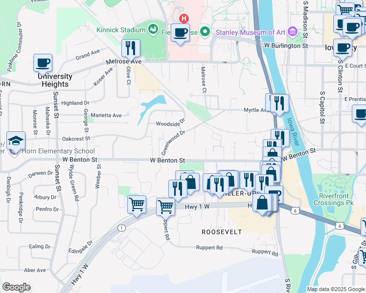 map of restaurants, bars, coffee shops, grocery stores, and more near 611 Greenwood Drive in Iowa City