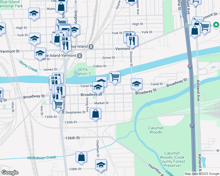 map of restaurants, bars, coffee shops, grocery stores, and more near 13250 Homan Avenue in Blue Island