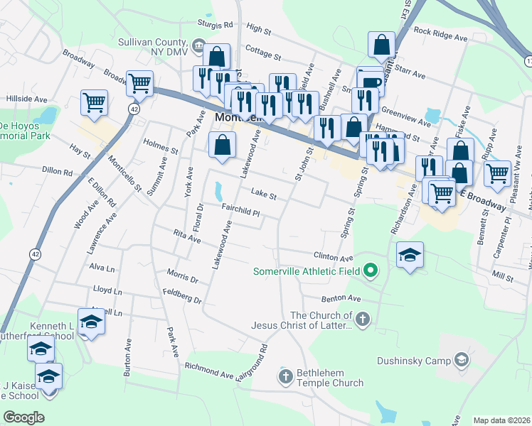 map of restaurants, bars, coffee shops, grocery stores, and more near 10 Fairchild Place in Monticello