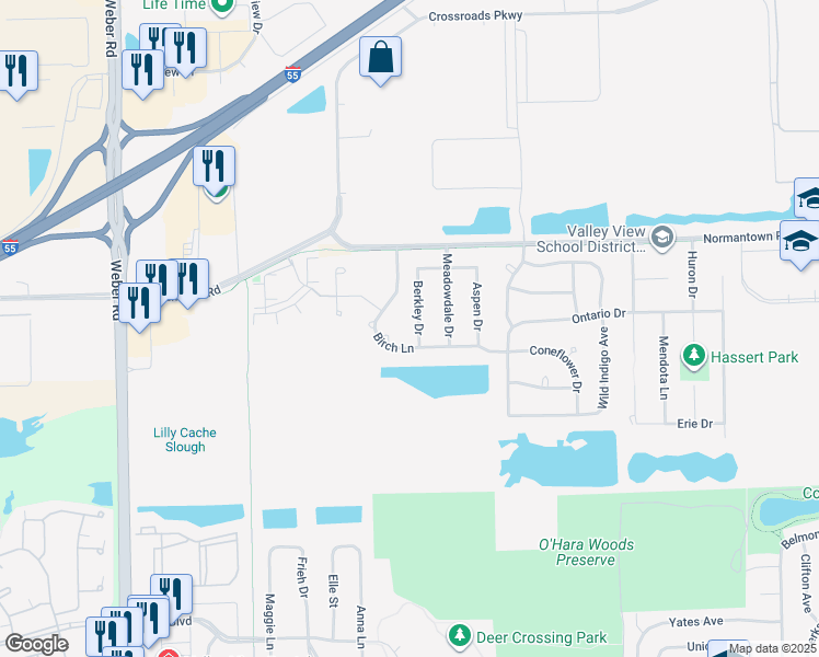 map of restaurants, bars, coffee shops, grocery stores, and more near 663 Berkley Drive in Romeoville