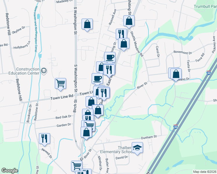map of restaurants, bars, coffee shops, grocery stores, and more near 464 East Street in Plainville