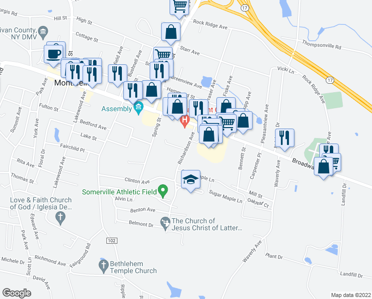 map of restaurants, bars, coffee shops, grocery stores, and more near 1 Richardson Court in Monticello