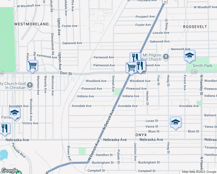 map of restaurants, bars, coffee shops, grocery stores, and more near 1548 Woodland Avenue in Toledo