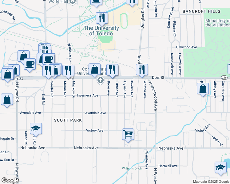 map of restaurants, bars, coffee shops, grocery stores, and more near 1109 Turner Avenue in Toledo