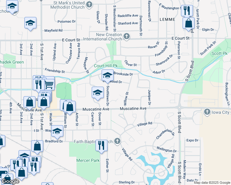 map of restaurants, bars, coffee shops, grocery stores, and more near 830 Southlawn Drive in Iowa City