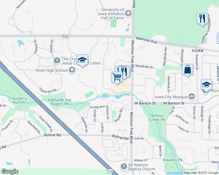 map of restaurants, bars, coffee shops, grocery stores, and more near 734 Westwinds Drive in Iowa City