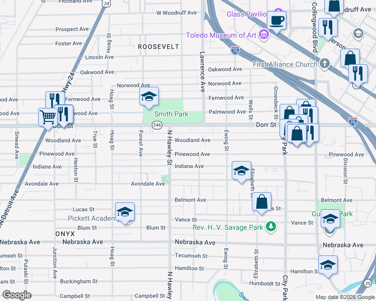 map of restaurants, bars, coffee shops, grocery stores, and more near 959 Woodland Avenue in Toledo