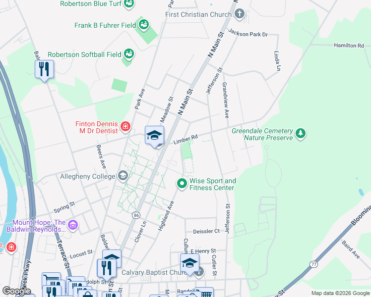 map of restaurants, bars, coffee shops, grocery stores, and more near 380 Highland Avenue in Meadville