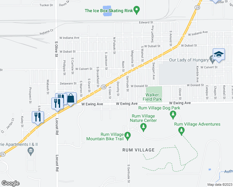 map of restaurants, bars, coffee shops, grocery stores, and more near 2129 Dorothy Street in South Bend