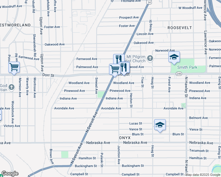 map of restaurants, bars, coffee shops, grocery stores, and more near 1201 North Detroit Avenue in Toledo