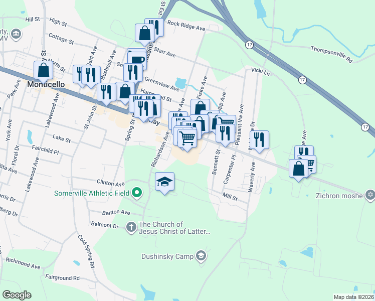 map of restaurants, bars, coffee shops, grocery stores, and more near Thompson Square Mall in Monticello