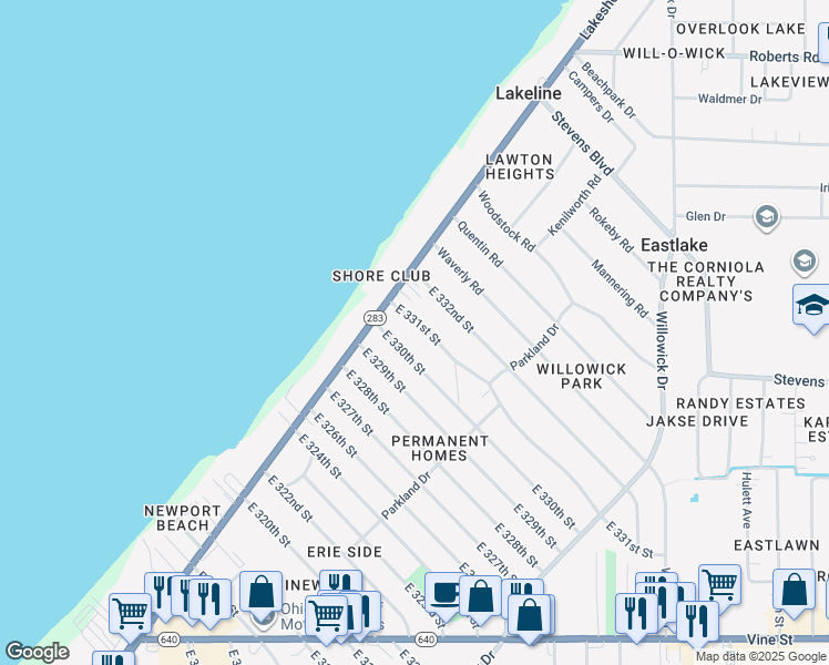 map of restaurants, bars, coffee shops, grocery stores, and more near 303 East 331st Street in Eastlake