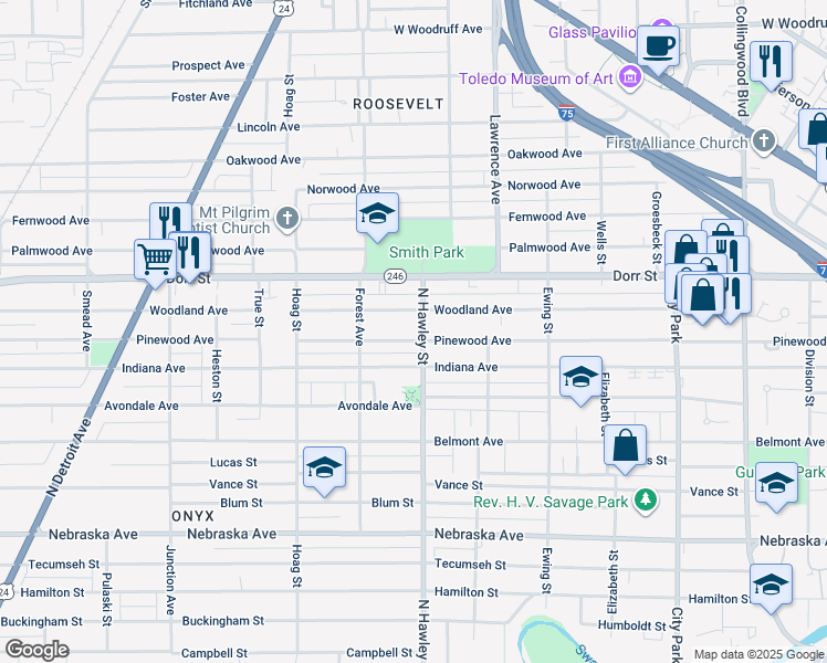 map of restaurants, bars, coffee shops, grocery stores, and more near 1015 Woodland Avenue in Toledo