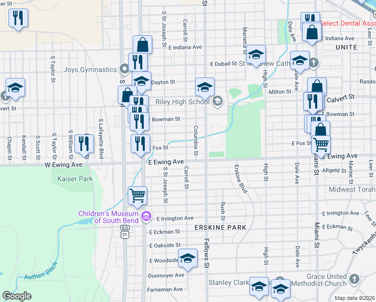 map of restaurants, bars, coffee shops, grocery stores, and more near 302 East Fox Street in South Bend