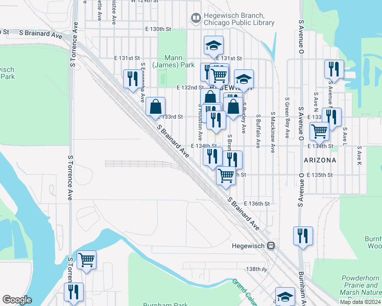 map of restaurants, bars, coffee shops, grocery stores, and more near 13355 South Carondolet Avenue in Chicago