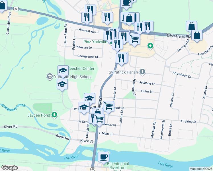 map of restaurants, bars, coffee shops, grocery stores, and more near 718b North Bridge Street in Yorkville