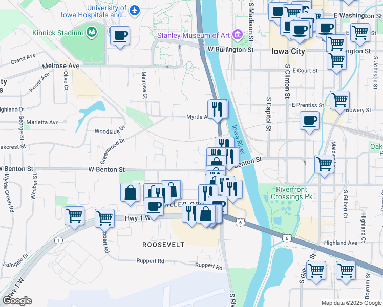 map of restaurants, bars, coffee shops, grocery stores, and more near 614 Orchard Court in Iowa City