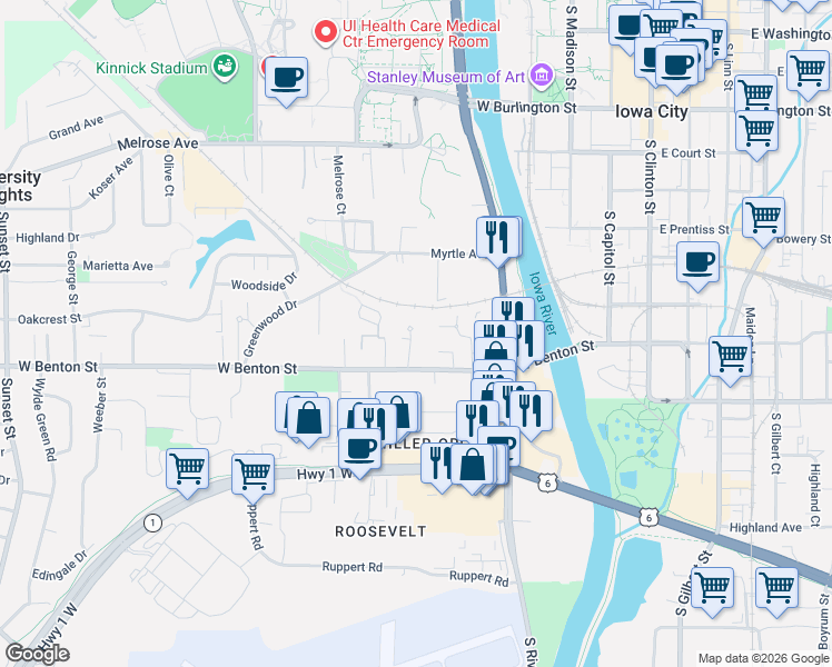 map of restaurants, bars, coffee shops, grocery stores, and more near 702 Giblin Drive in Iowa City