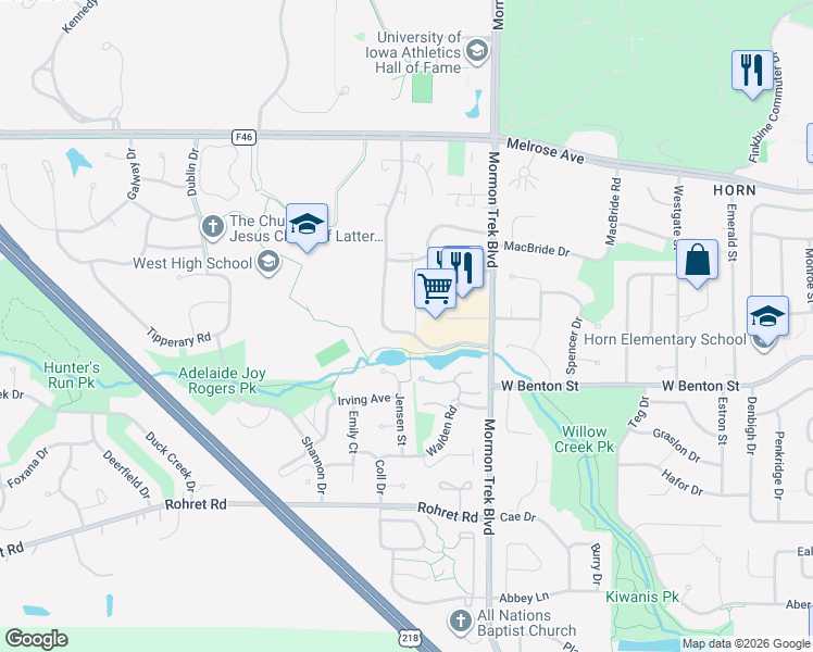 map of restaurants, bars, coffee shops, grocery stores, and more near 734 Westwinds Drive in Iowa City