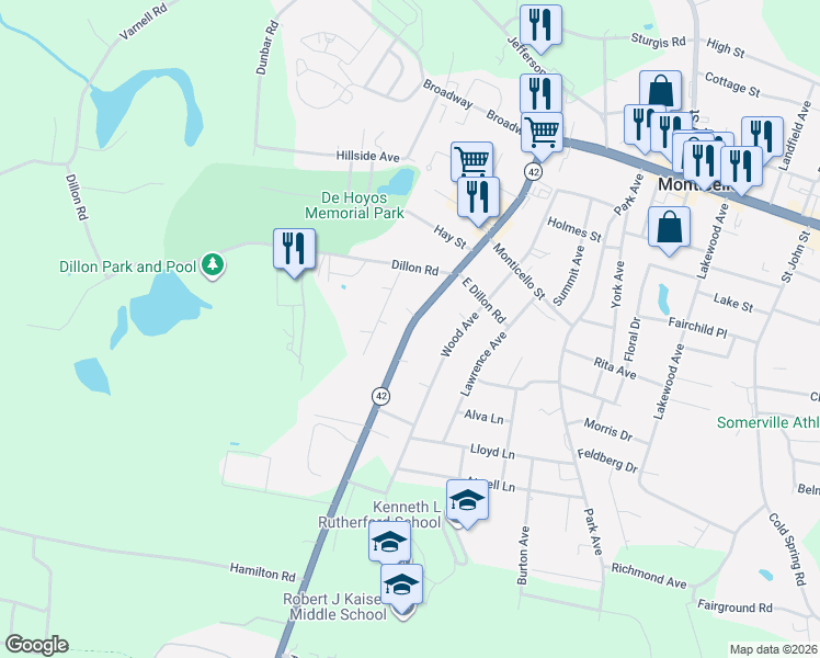 map of restaurants, bars, coffee shops, grocery stores, and more near 3 Dillon Road in Monticello