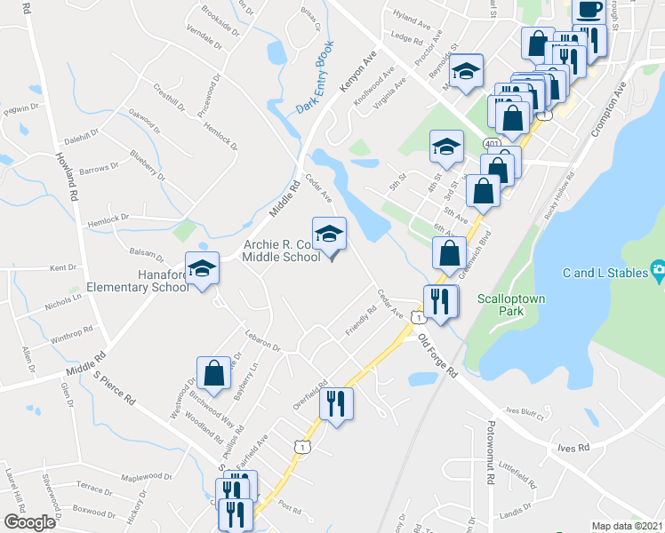 map of restaurants, bars, coffee shops, grocery stores, and more near 100 Cedar Avenue in East Greenwich