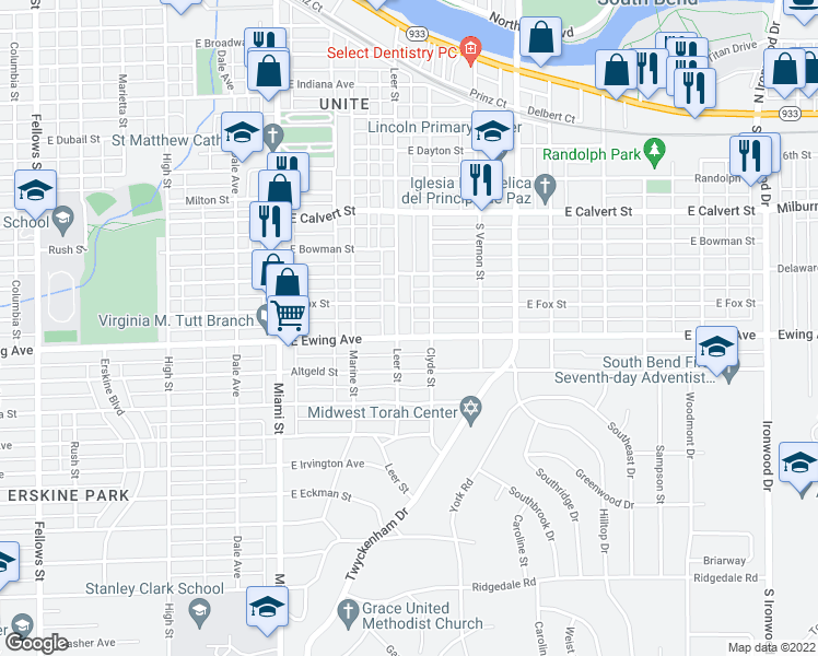 map of restaurants, bars, coffee shops, grocery stores, and more near 1307 East Ewing Avenue in South Bend