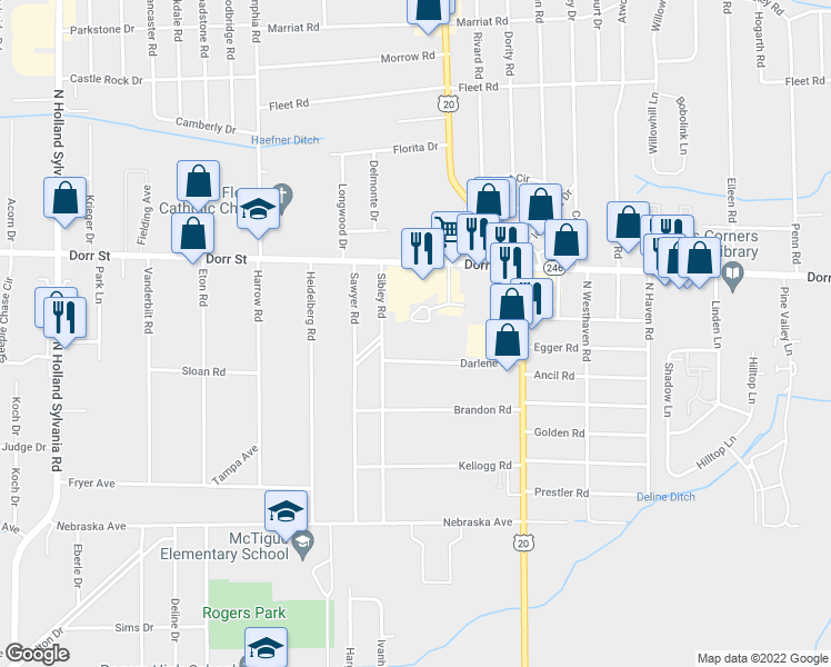 map of restaurants, bars, coffee shops, grocery stores, and more near 1225 Flaire Drive in Toledo