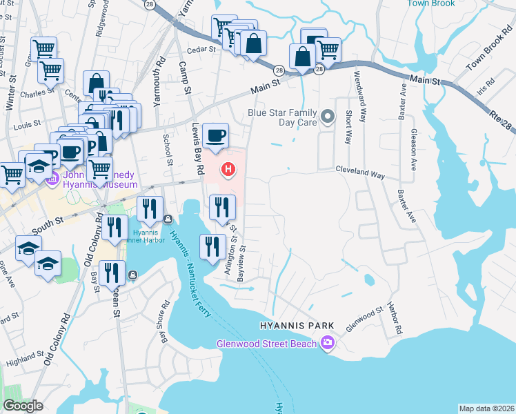 map of restaurants, bars, coffee shops, grocery stores, and more near 86 Bayview Street in Yarmouth