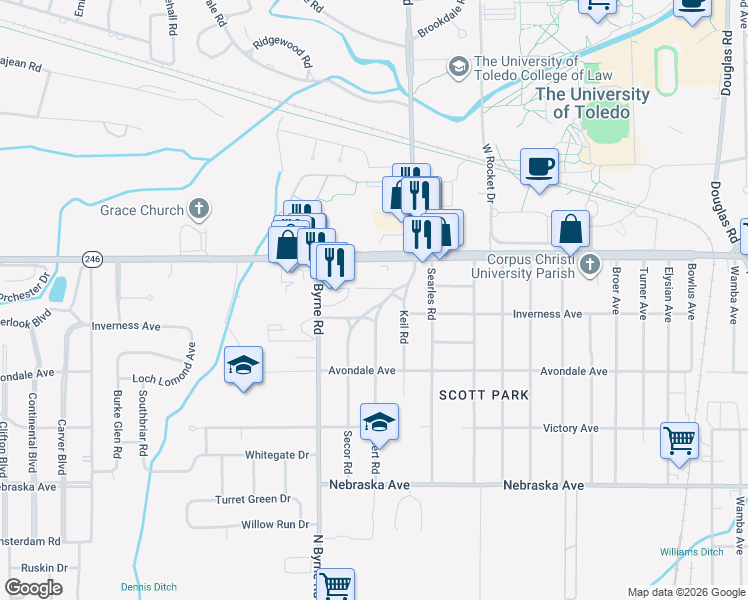 map of restaurants, bars, coffee shops, grocery stores, and more near 3402 Downing Avenue in Toledo