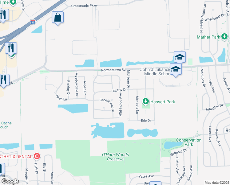 map of restaurants, bars, coffee shops, grocery stores, and more near 923 Ontario Drive in Romeoville