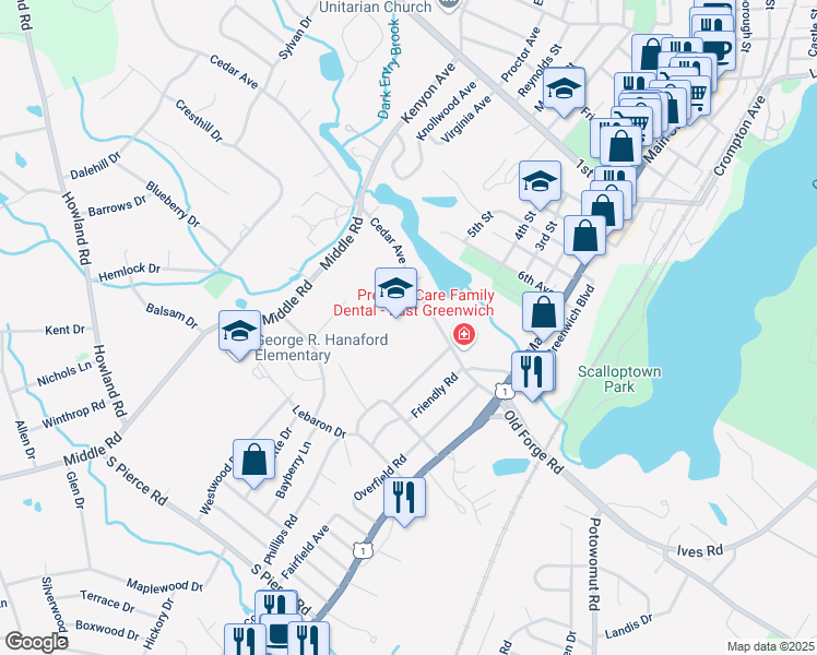 map of restaurants, bars, coffee shops, grocery stores, and more near 100 Cedar Avenue in East Greenwich