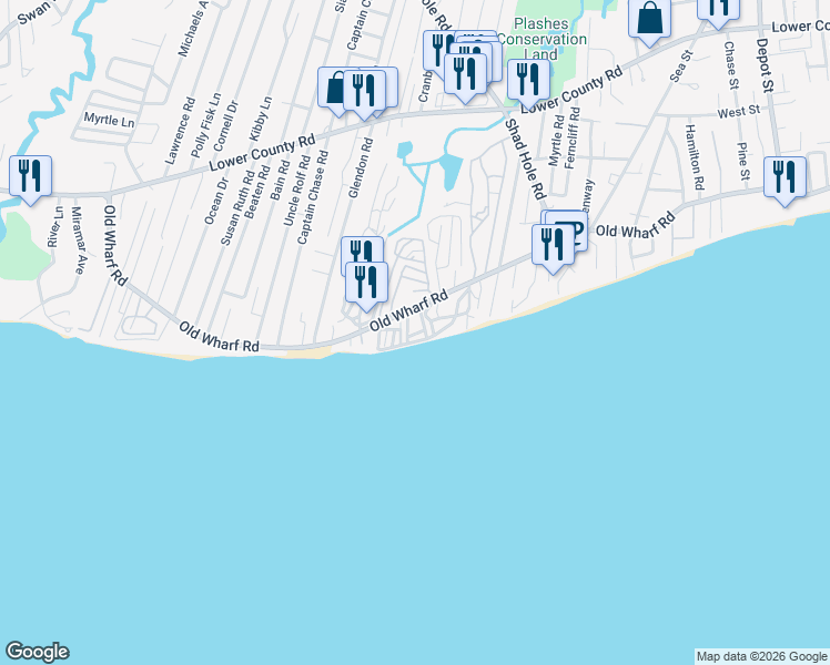 map of restaurants, bars, coffee shops, grocery stores, and more near 218 Old Wharf Road in Dennis