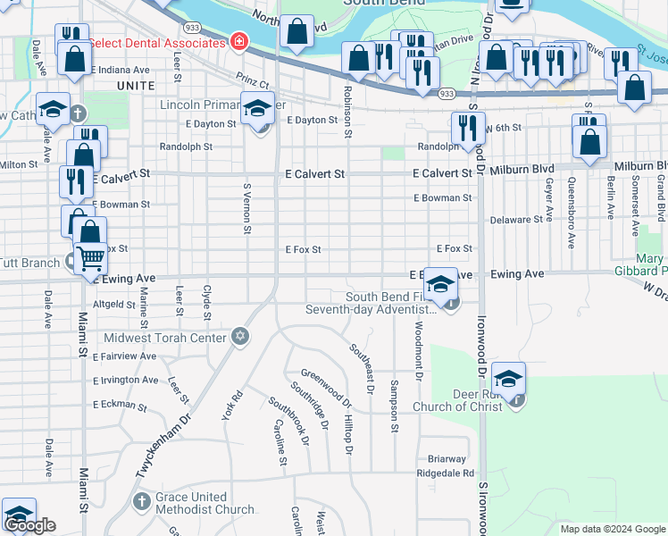 map of restaurants, bars, coffee shops, grocery stores, and more near 1633 East Ewing Avenue in South Bend