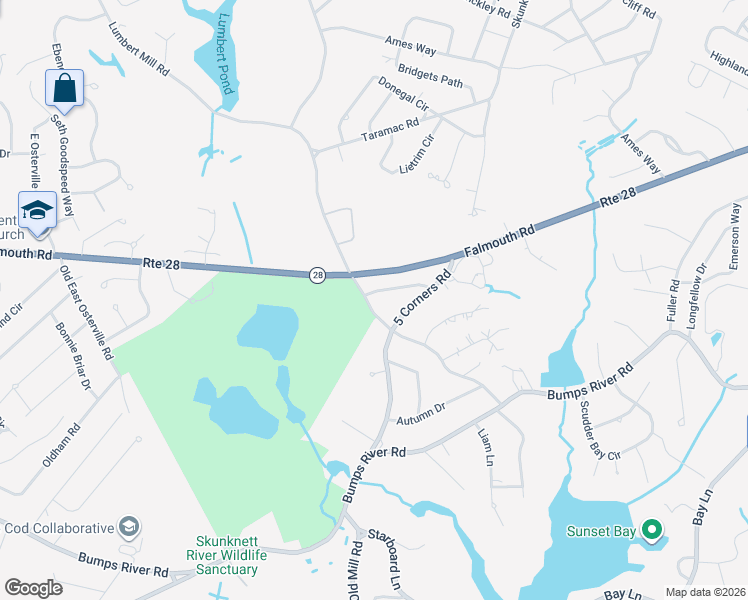 map of restaurants, bars, coffee shops, grocery stores, and more near 6 Westminister Road in Barnstable
