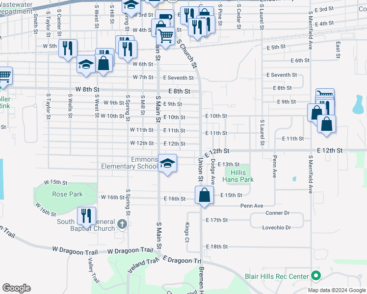 map of restaurants, bars, coffee shops, grocery stores, and more near 235 East 12th Street in Mishawaka