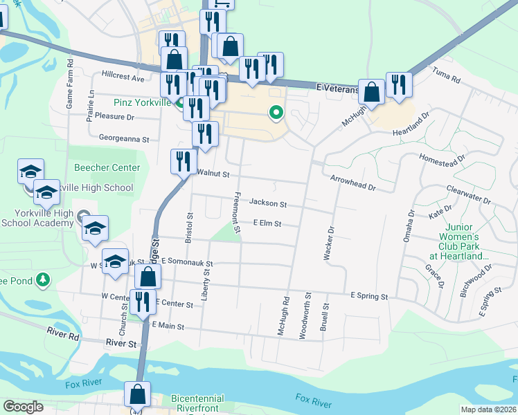 map of restaurants, bars, coffee shops, grocery stores, and more near 417 Jackson Street in Yorkville