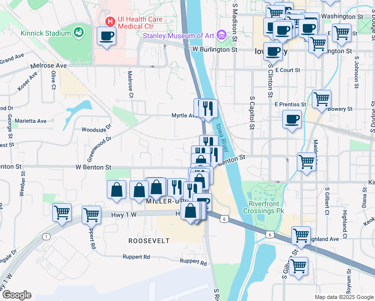 map of restaurants, bars, coffee shops, grocery stores, and more near 627 Orchard Court in Iowa City