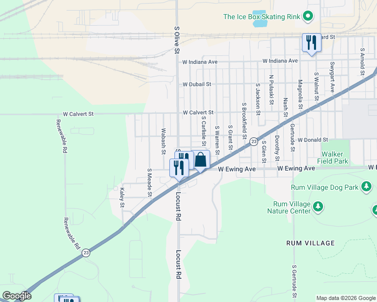 map of restaurants, bars, coffee shops, grocery stores, and more near 2108-2110 Philippa St in South Bend
