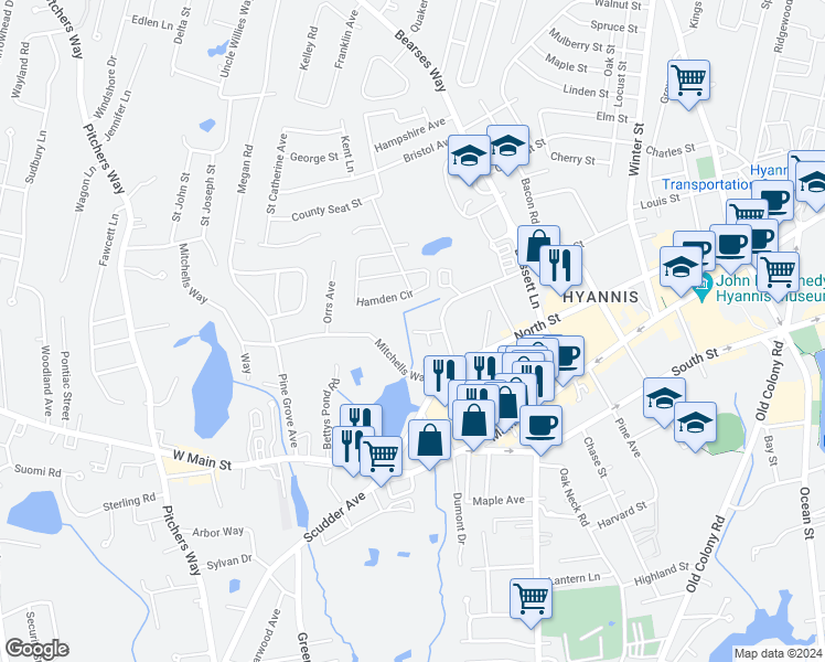 map of restaurants, bars, coffee shops, grocery stores, and more near 99 Pleasant Hill Lane in Barnstable