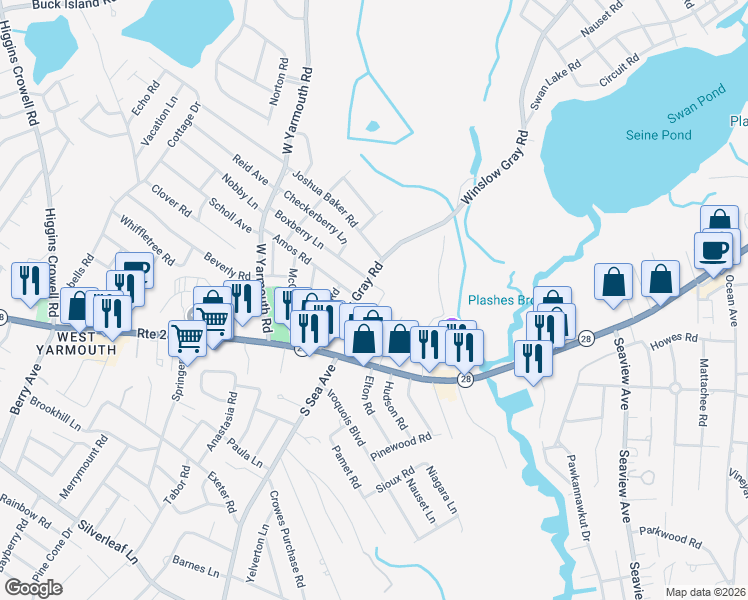 map of restaurants, bars, coffee shops, grocery stores, and more near 46 Winslow Gray Road in Yarmouth