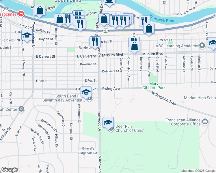 map of restaurants, bars, coffee shops, grocery stores, and more near 1007 South Middleboro Avenue in Mishawaka