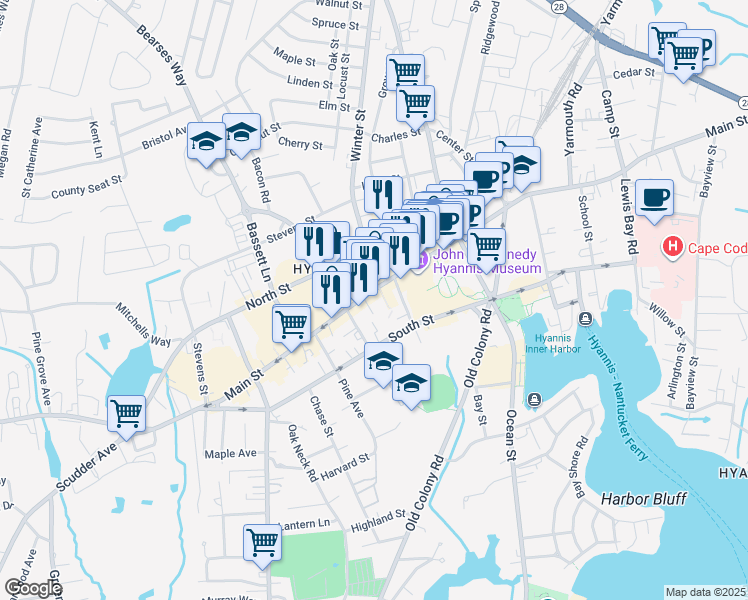 map of restaurants, bars, coffee shops, grocery stores, and more near 435 Main Street in Barnstable
