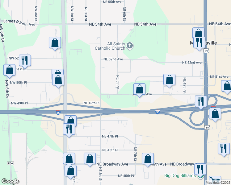 map of restaurants, bars, coffee shops, grocery stores, and more near 5010 Northeast 5th Street in Des Moines
