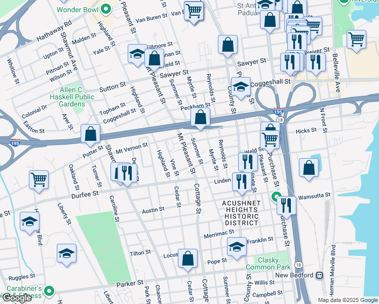 map of restaurants, bars, coffee shops, grocery stores, and more near 124 Mount Pleasant Street in New Bedford