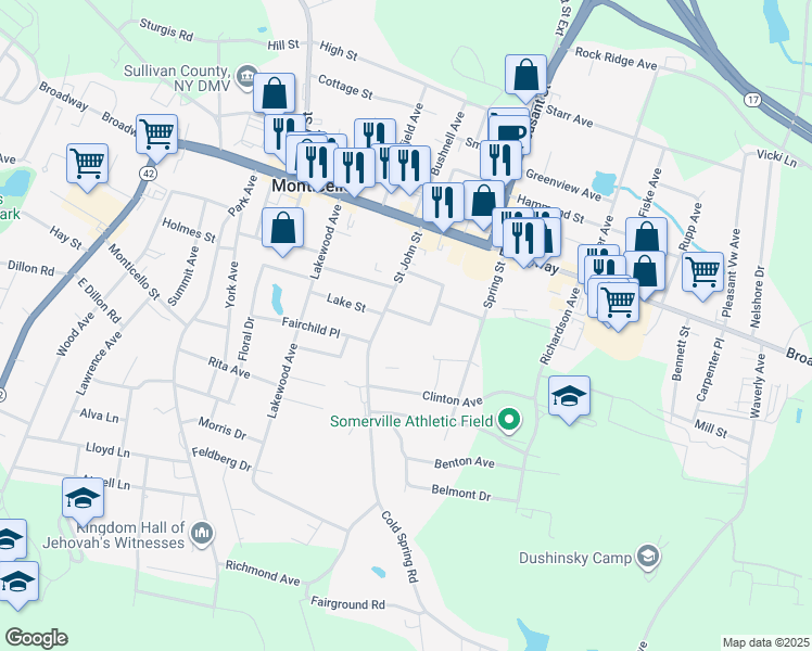 map of restaurants, bars, coffee shops, grocery stores, and more near 7 Roosevelt Place in Monticello