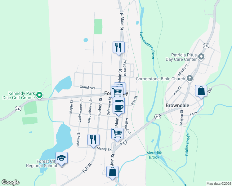 map of restaurants, bars, coffee shops, grocery stores, and more near in Forest City