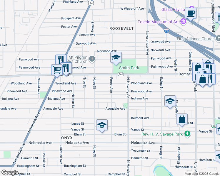 map of restaurants, bars, coffee shops, grocery stores, and more near 1053 Woodland Avenue in Toledo
