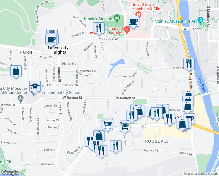 map of restaurants, bars, coffee shops, grocery stores, and more near 1000 Oakcrest Street in Iowa City